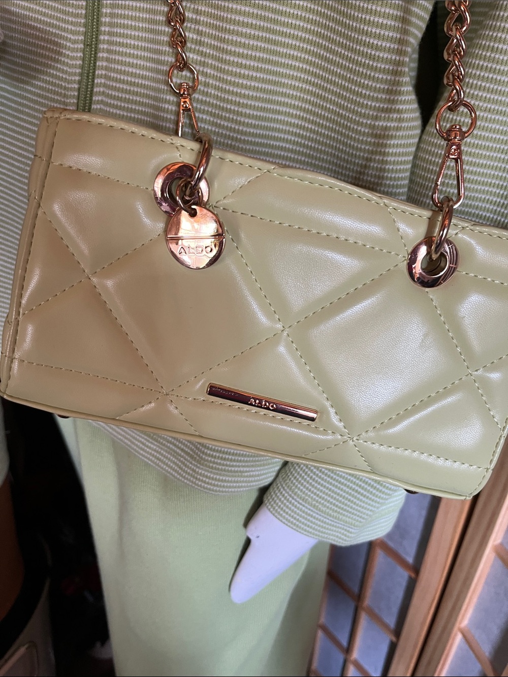 ALDO Cream Quilted Shoulder Bag with Rose Gold Chain Accents